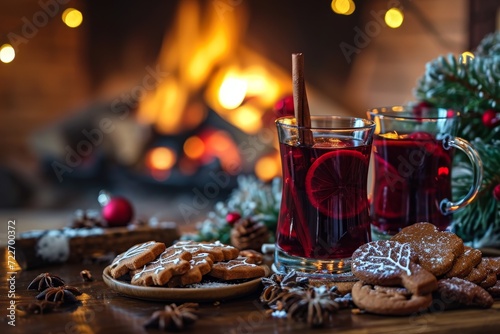 Mulled wine and cookies at christmas fireplace.