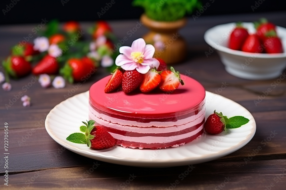 strawberry mousse cake on a ceramic plate strawberry mousse cake on a ceramic plate