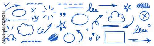 Line text highlight, blue hand drawn pen brush marker vector. Line text underline, emphasis, star, arrow mark element. Hand drawn stroke, crown, love heart, pencil swoosh shape. Vector illustration.