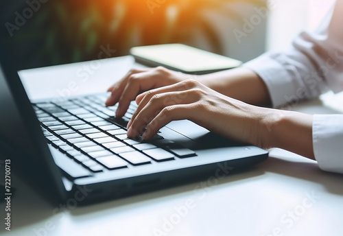 Woman hands typing on laptop keyboard at the office, Woman worker and business concept photo