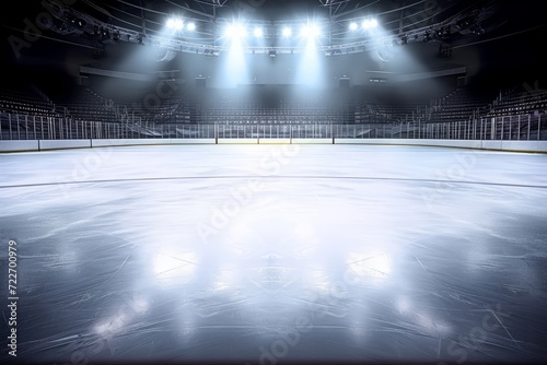 Frosty Arena, Empty Ice Rink Illuminated by Spotlights, Creating a Wintry Scene of Snow and Ice Background