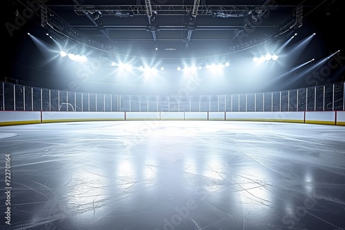 Snow and ice background stadium empty ice rink illuminated by spotlights
