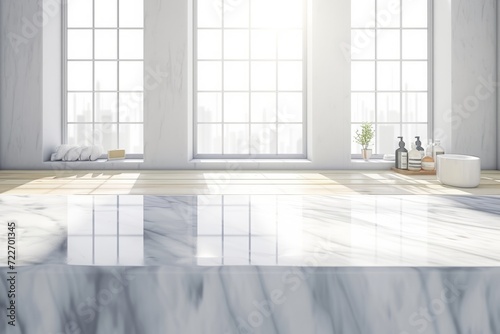 Empty marble table top with blurred bathroom interior background