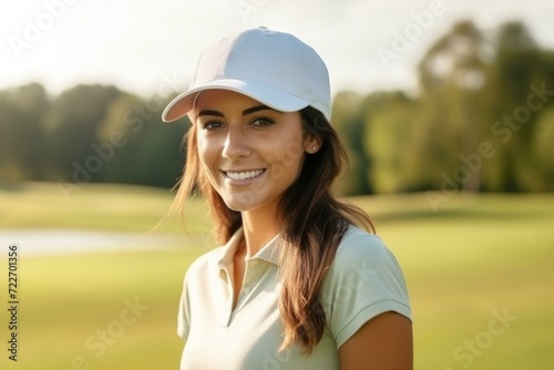 A woman in a white hat and white shirt is smiling. Generative AI. photo