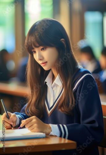 A young woman in school uniform writing in a notebook. Generative AI.