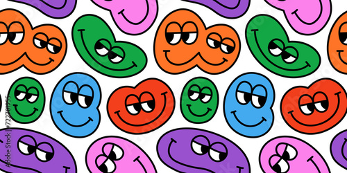Funny melting smiling happy face colorful cartoon seamless pattern. Retro psychedelic drug effect smile icon background texture. Trendy character doodle wallpaper.	
 photo