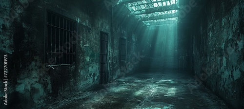 Abandoned prison hallway. Dark melancholic scene. Generative AI technology.