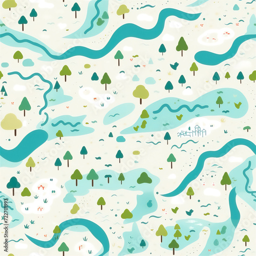 Seamless pattern : Serene River Landscape Pattern
