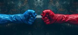Political hands fist. Red versus blue. Generative AI technology.