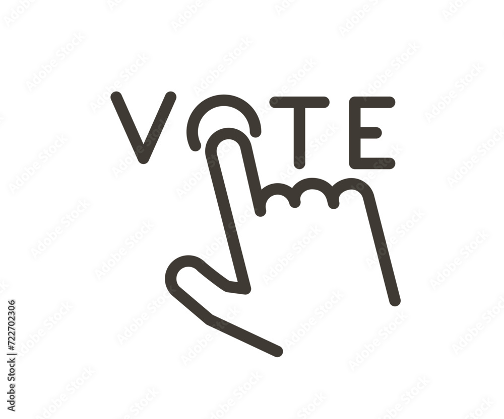 Universal voting vector icon: hand pointing to 'O' in 'VOTE' with thin line design, in black, symbolizing general voting for all types of elections and decisions. Universal voting vector icon: hand pointing to 'O' in 'VOTE' with thin line design, in black, symbolizing general voting for all types of elections and decisions.