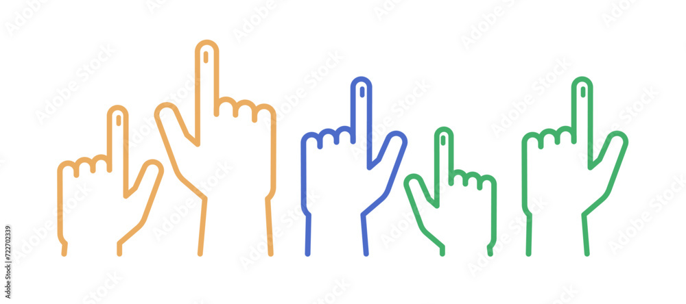 Obraz premium Vector design featuring five hands with inked pointing index fingers in an unfilled thin outline style, representing the act of voting in India.