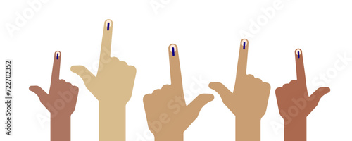 Vector icon of five hands with inked pointing index fingers in a flat style, symbolizing voter participation in India