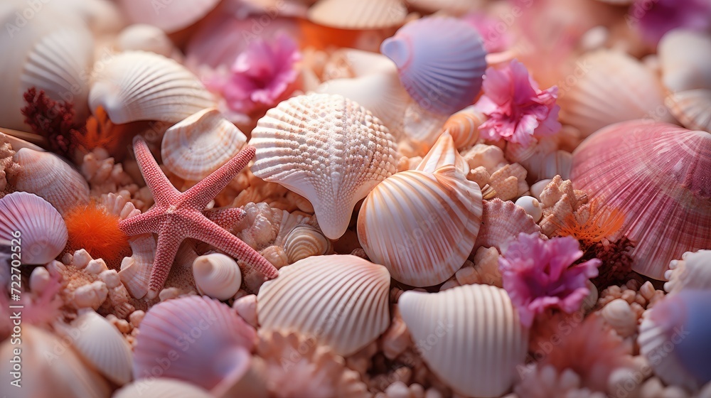 Seashells and starfish. Top view, close-up. The theme is the sea element.