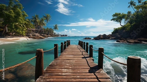 Wooden bridge stretching towards the horizon. Set against the backdrop of the ocean and a beautiful beach island. © Boomanoid