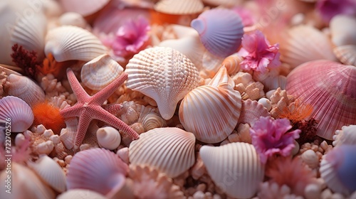 Seashells and starfish. Top view  close-up. The theme is the sea element.