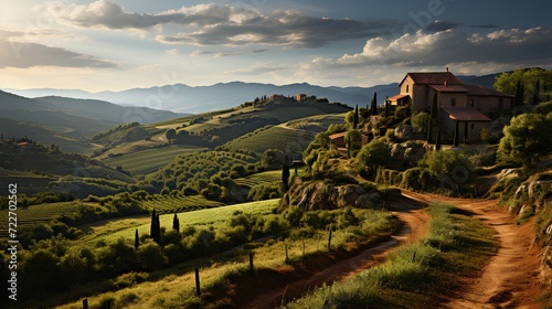 Green fertile fields of Italy. Rich villas and vineyards.