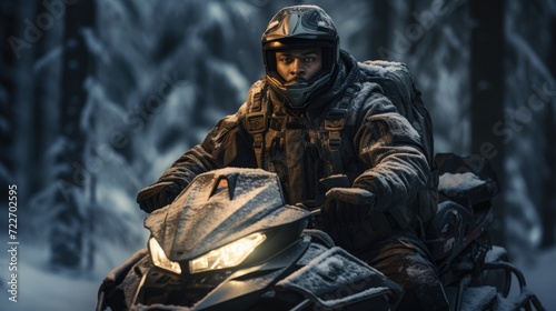 A dark-skinned man in a helmet and warm clothes rides an all-terrain vehicle in winter. Against the backdrop of a snowy forest.