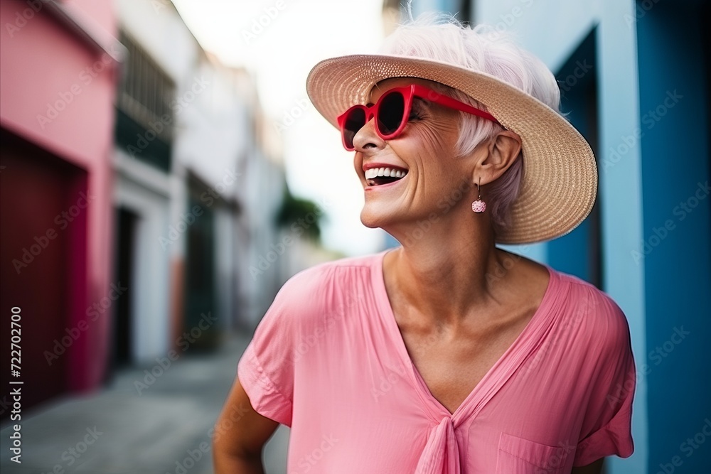 Closeup portrait of a happy senior woman wearing hat and sunglasses in the city Closeup portrait of a happy senior woman wearing hat and sunglasses in the city