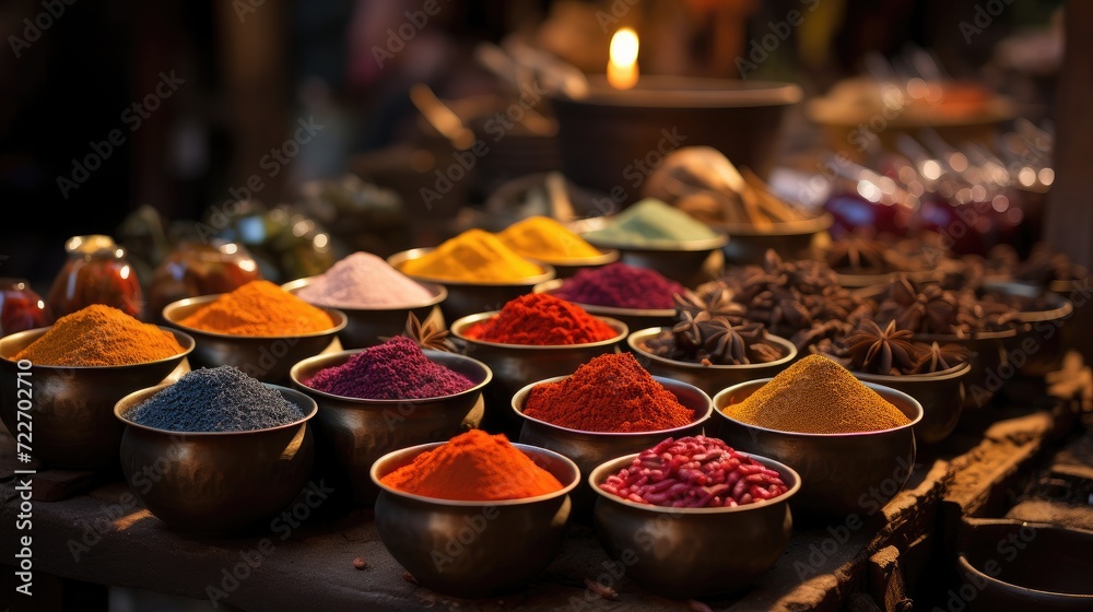 Fragrant bright multi-colored spices of Asian cuisine lie on a wooden table. Theme of aromatic seasonings from around the world.