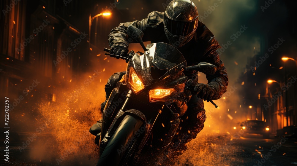 A male motorcyclist in a leather suit and helmet rides quickly on a motorcycle along a deserted street. Dynamic and active extreme scene.