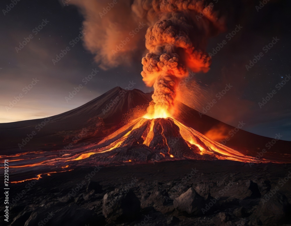 Volcanic Fury: Erupting Volcano Under a Starlit Sky