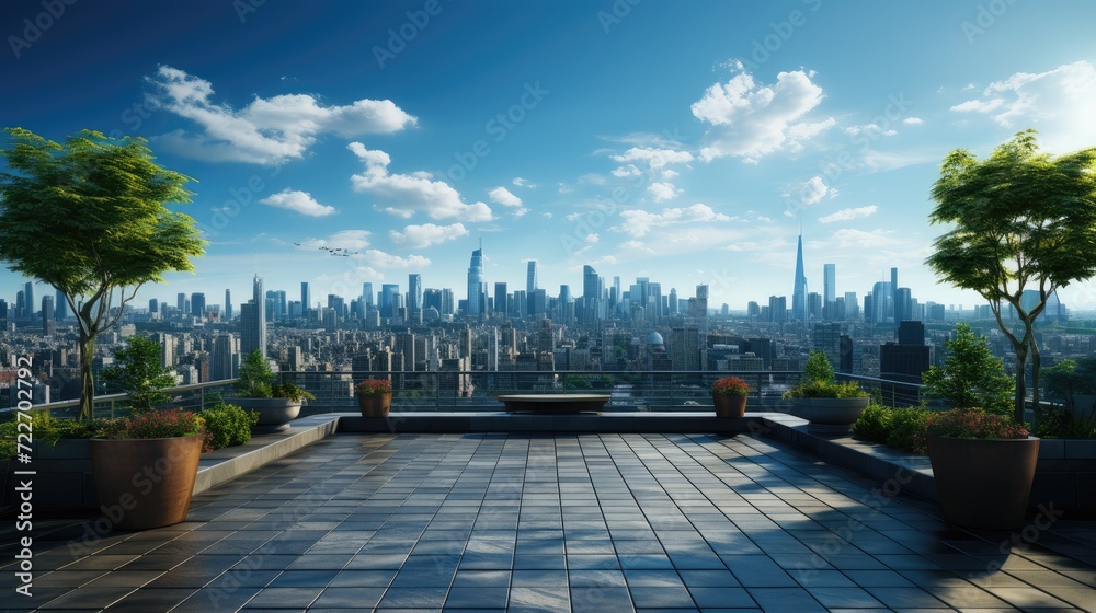 An open empty stone flat area at a high altitude of a high-rise building with a background of urban buildings. Beautiful sky, minimalistic style.
