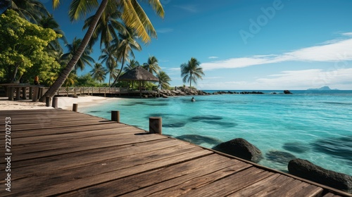 Wooden bridge going into the ocean. Charming tropical island with yellow beach, blue waves and clear water. Theme of travel and recreation.