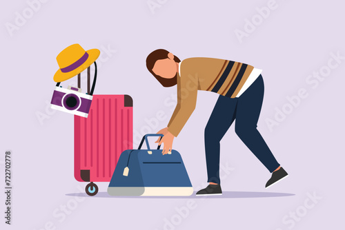 Woman preparing things to go traveling.  Traveling with bag or suitcase concept. Colored flat vector illustration isolated.