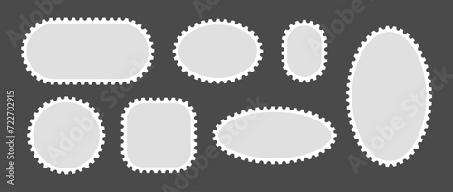Postage stamp set. Post stamp frame or border. Grey round and oval template for mail, postcard, letter. Jagged wavy edge forms. Vintage objects for poster, banner, badge, sticker, emblem. Vector