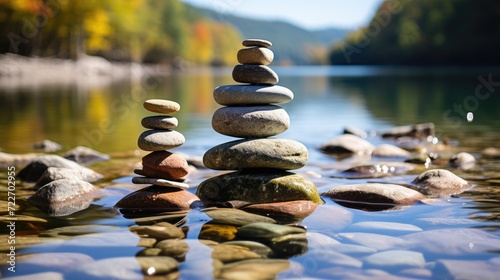 A pyramid of stones against the backdrop of a mountain river and green forest. The theme of equilibrium and balance.