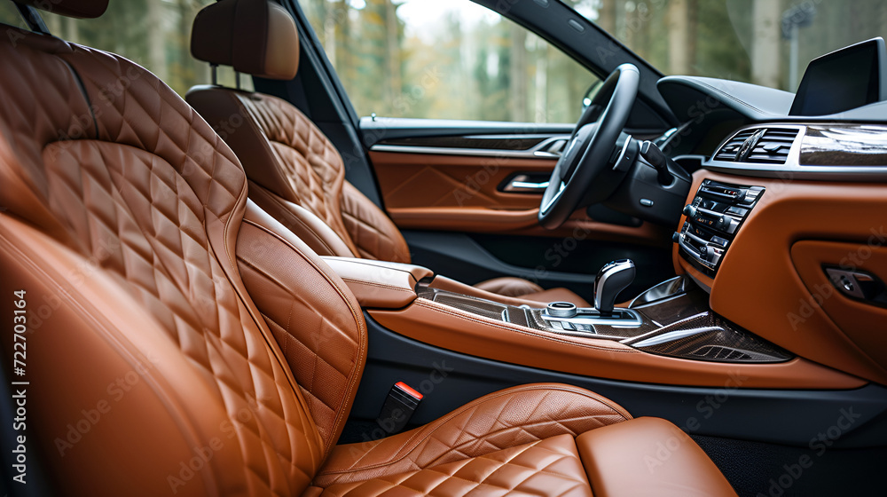 Brown leather interior of a luxury car, generative ai