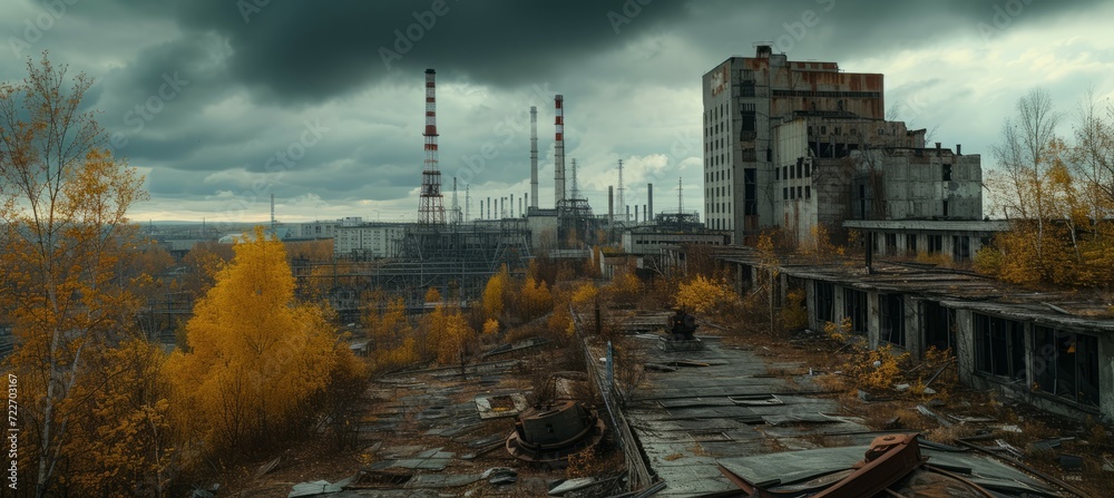 Fototapeta premium Abandoned factory plant building. Generative AI technology.