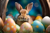 Easter bunny and eggs on background. Easter day. presentation. advertisement. copy text space.