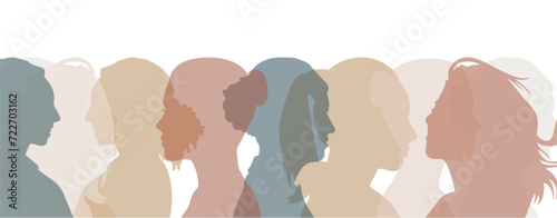 Women's History month banner in soft color. Multi ethnic woman face silhouette. International woman's day poster