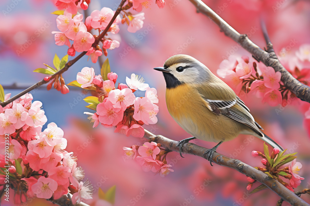 Obraz premium Spring bird perched in blossoming branches. AI Generative.