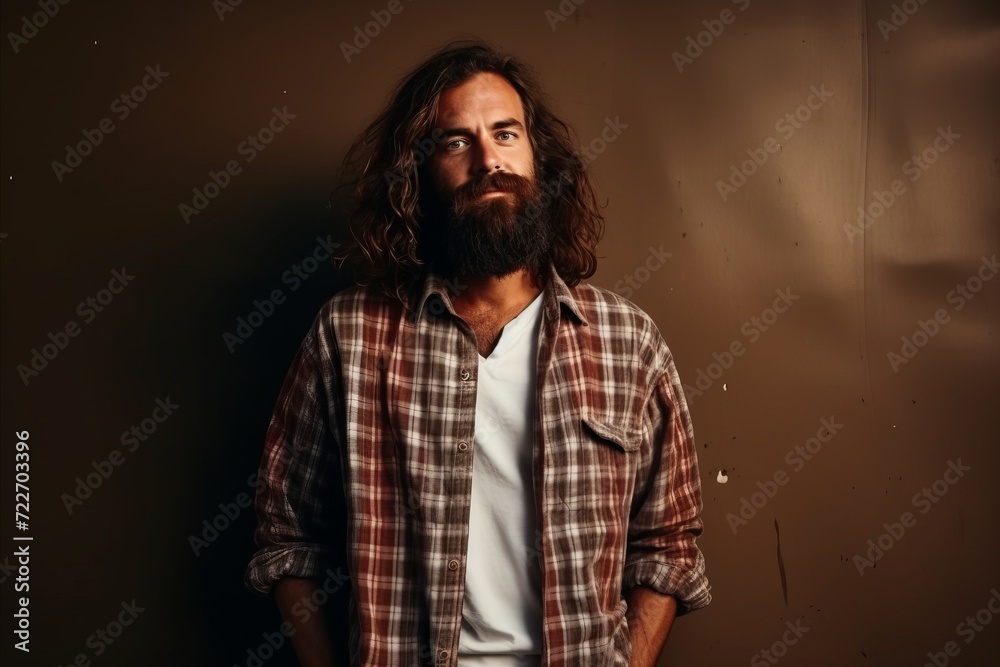 Portrait of a handsome man with long beard and mustache in checkered shirt Portrait of a handsome man with long beard and mustache in checkered shirt