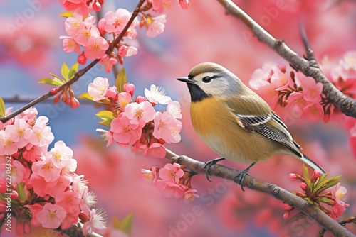 Spring bird perched in blossoming branches. AI Generative. © Alisa