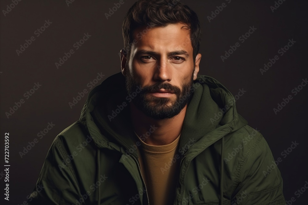 Portrait of a handsome bearded man in a green jacket. Men's beauty, fashion.