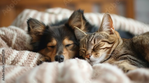 Cat and dog sleeping together.cute little cat and dog in bed at home.Cute kitten sleeps under ear of a English Cocker spaniel puppy. Pets sleep together under white warm blanket on a bed at home.