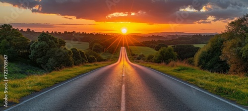 Straight long road at sunset. Generative AI technology.