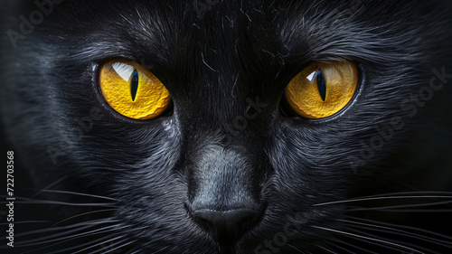 Intense gaze of a black cat with vivid yellow eyes, embodying mystery and elegance, AI Generative.