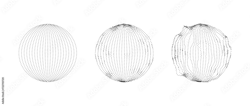 Set of dotted spheres with dissolve effect. Stippled disintegrating circle collection. Halftone textured balls with noise dot work grain. Radial grunge particles. Dot sphere element bundle. Vector - obrazy, fototapety, plakaty 