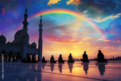 breathtaking view of a mosque at sunset with a vibrant rainbow arching across the colorful sky
