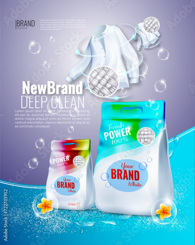 Stain remover, ad template or magazine . ads poster design on blue background with white t-shirt