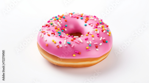 Pink donut decorated with colorful sprinkles isolated on white background