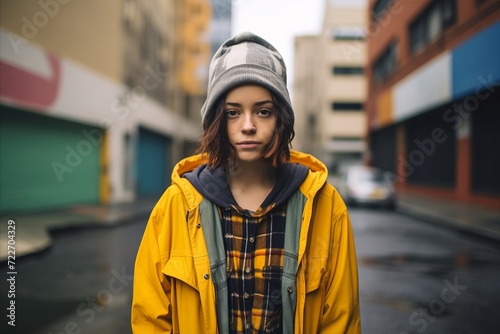 young beautiful hipster woman in yellow raincoat and hat in the city