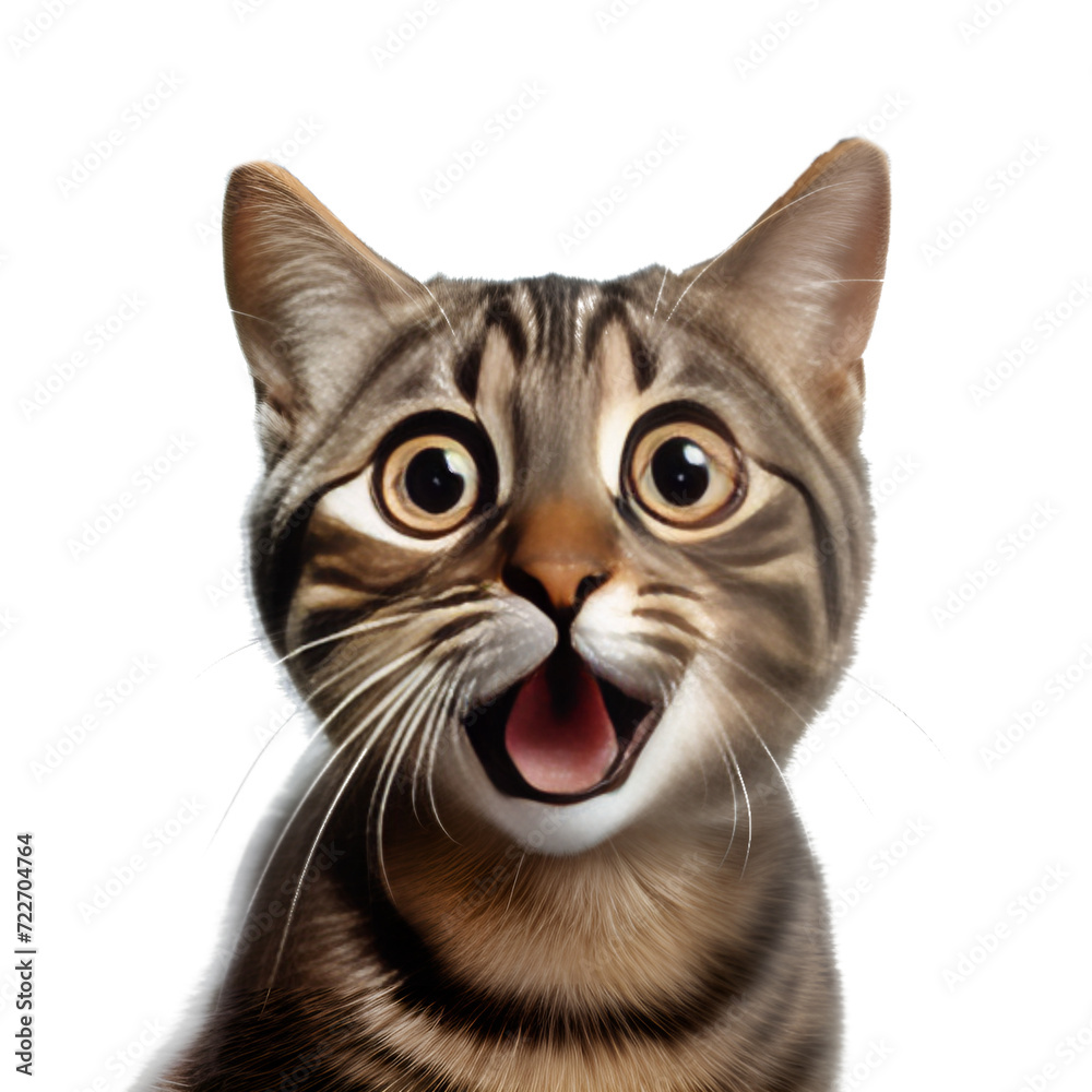 Crazy surprised cat isolated close up on transparent background