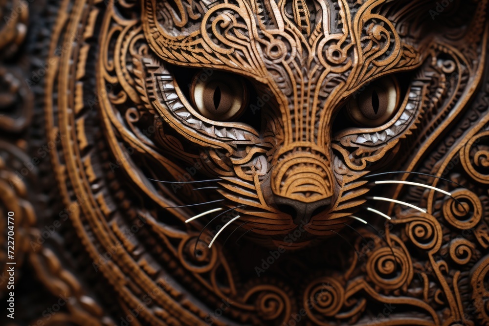 A cat is made out of wood with intricate designs. Generative AI. A cat is made out of wood with intricate designs. Generative AI.