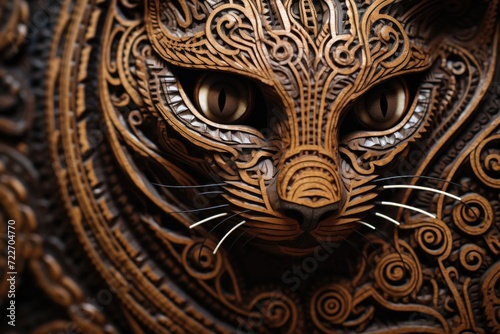 A cat is made out of wood with intricate designs. Generative AI.