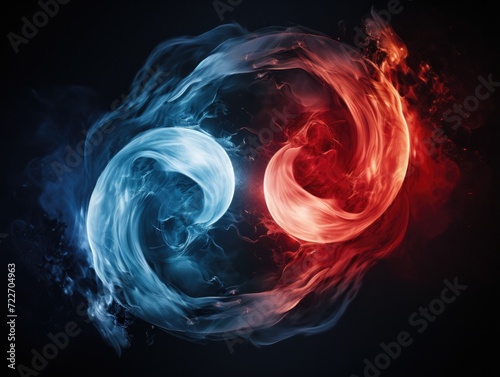 Two red and blue fire and water in the shape of a yin and yang symbol. Generative AI.